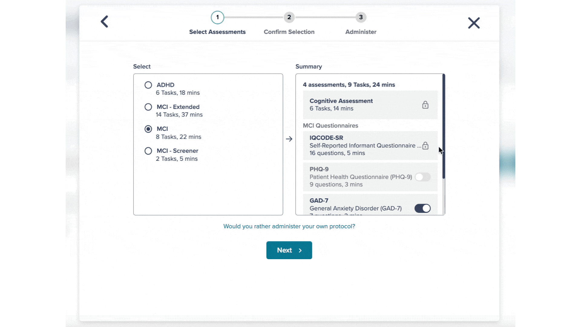 A GIF of the PHQ-9 and GAD-7 questionnaires being toggled on and off in the administration of the dementia protocol.