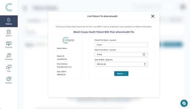Creyos patient-matching screen where clinicians enter the details that link a patient to their EHR record