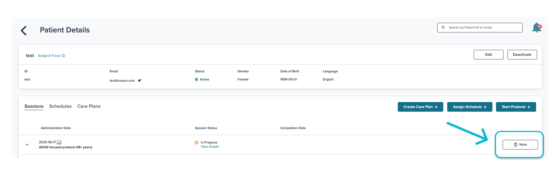 Showing where session notes are located in the Creyos provider portal.