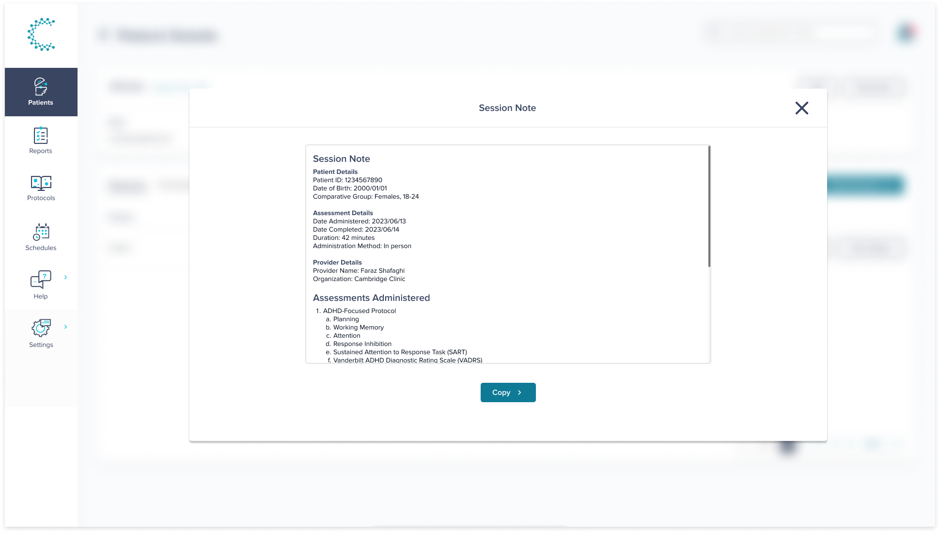 An example automatically generated session note. 
